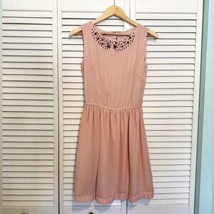 Reserved Blush Pink Midi Dress with Embellished Neckline Size 34 XS petite